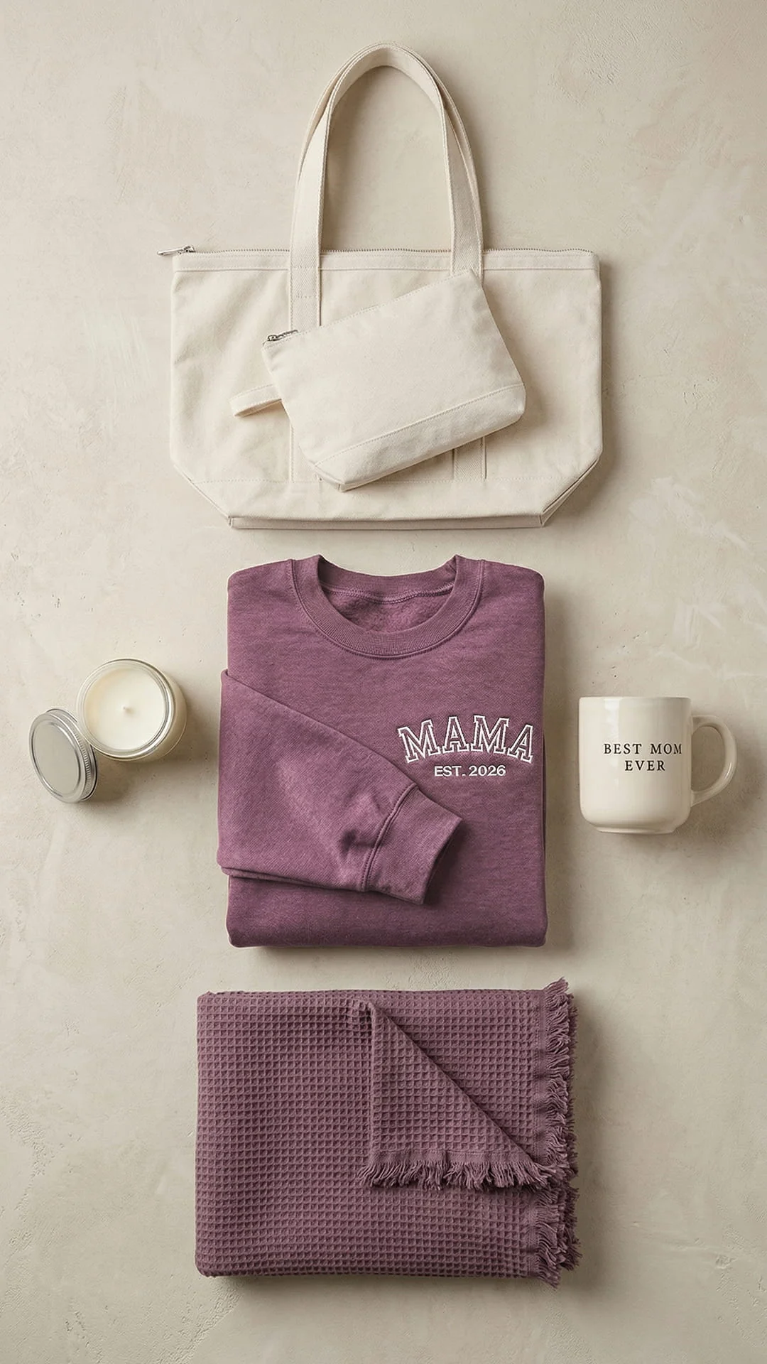 Best Mom Ever Varsity Gift Box | Personalized Mama Est. Sweatshirt, Tote, Mug, Candle, Accessory Pouch & Waffle Throw - Image 15
