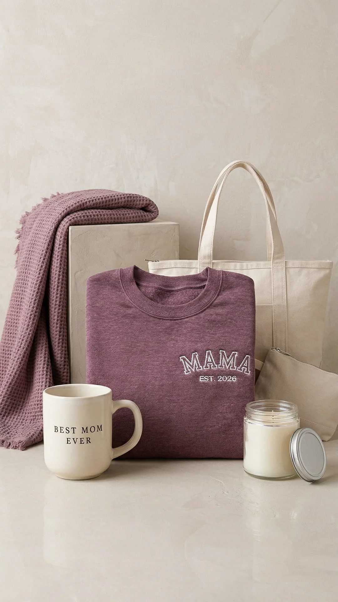 Best Mom Ever Varsity Gift Box | Personalized Mama Est. Sweatshirt, Tote, Mug, Candle, Accessory Pouch & Waffle Throw - Image 17