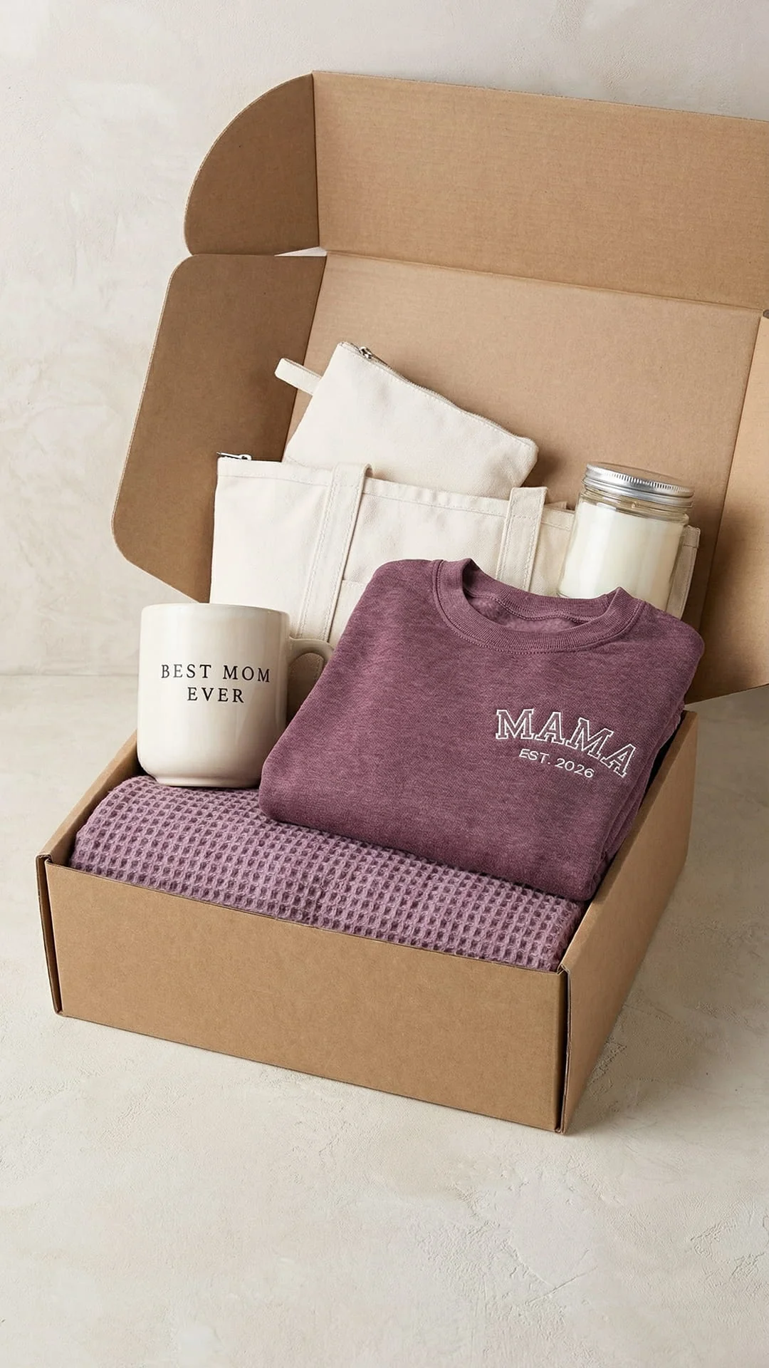 Best Mom Ever Varsity Gift Box | Personalized Mama Est. Sweatshirt, Tote, Mug, Candle, Accessory Pouch & Waffle Throw - Image 18