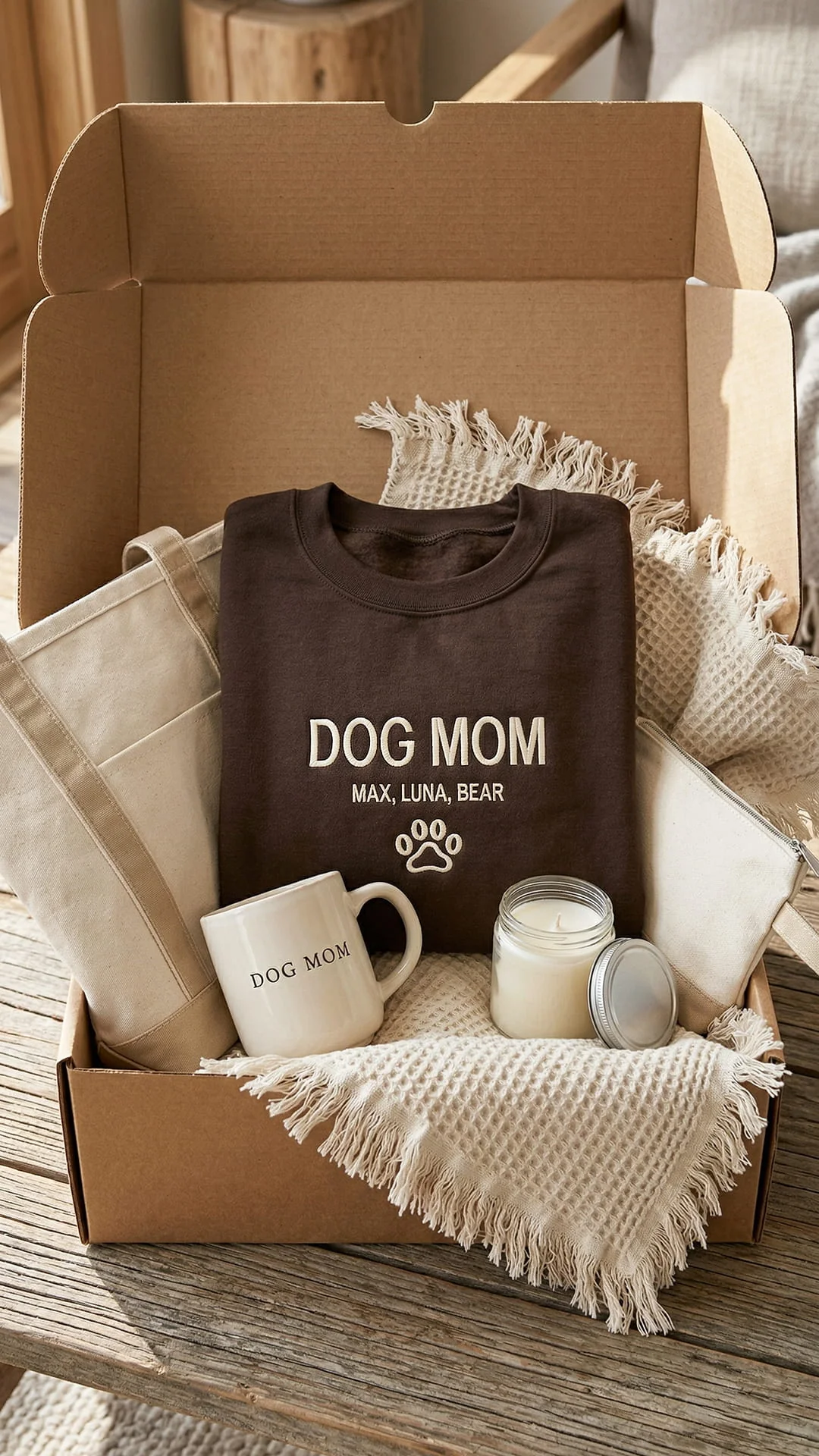 Dog Mom Gift Box | Personalized Pet's Name Sweatshirt, Tote, Mug, Candle, Accessory Pouch & Waffle Throw - Image 11