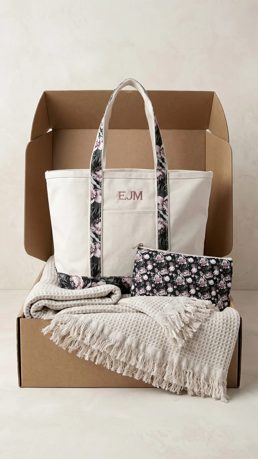 The Monogram Keepsake Box | Personalized Tote, Clutch & Waffle Throw Gift Set